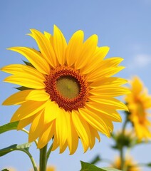 Obraz premium Vibrant yellow sunflower in full bloom against a clear summer sky, bloom, petals