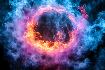 Fototapeta premium Vibrant swirling flames and smoke create a mesmerizing circular pattern against a dark background