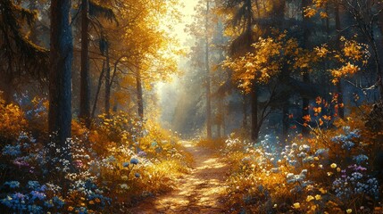 Obraz premium Enchanting Autumn Forest Path Sunlit Woodland Trail