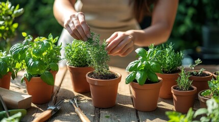 Woman Planting Herbs in Small Pots Depict a woman carefully planting herbs like basil, thyme, and rosemary in small terracotta pots. She places each plant with care on a wooden table, 