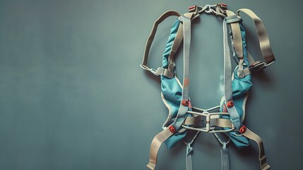 A professional-grade climbing harness with adjustable straps and reinforced attachment points, shown against a neutral backdrop