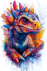 Obraz premium Colorful dinosaur illustration surrounded by vibrant foliage in a creative art style