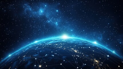 The Earth with network connections and light dots against a starry sky background, representing global digital interconnections.