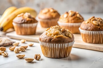 banana nut muffins in white background