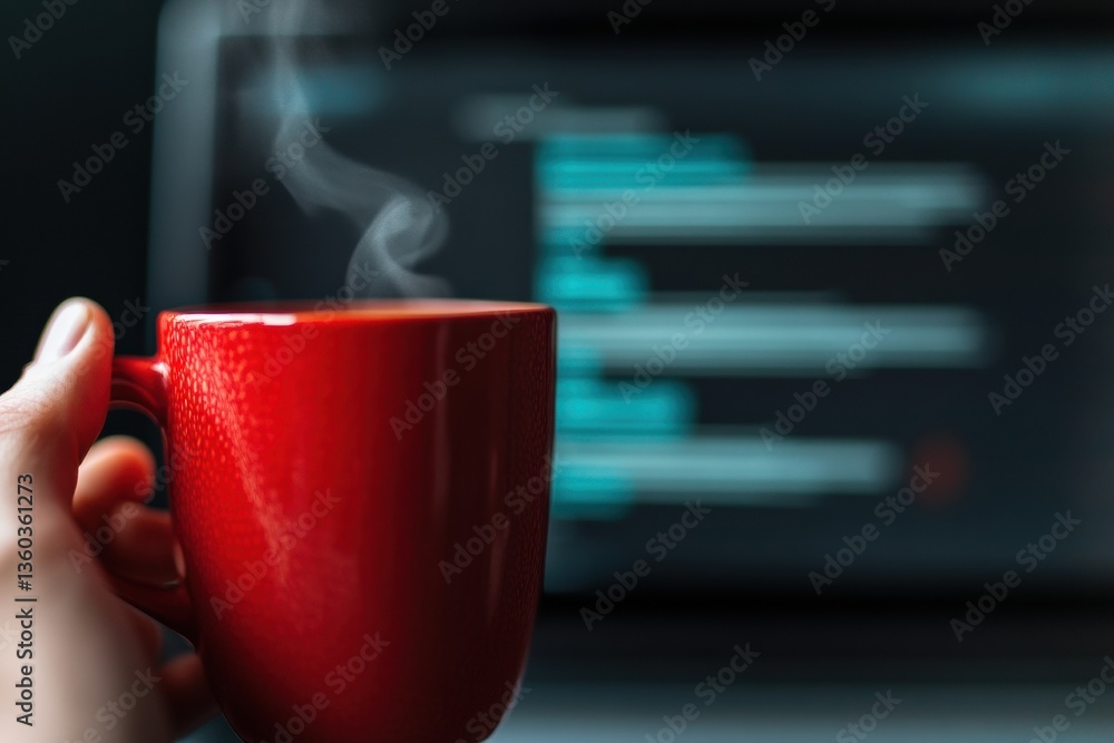 Poster Hybrid Workspace Flow Minimalist Red Coffee Mug in Digital Productivity Landscape - Remote Work Ergonomics and Tech-Enabled Performance Visualization