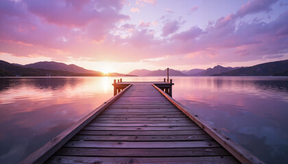 Obraz premium Serene Pier at Sunset Reflecting on Calm Lake Waters 