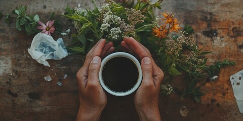 Mindful Wellness Ritual Rustic Botanical Coffee Moment - Therapeutic Self-Care Aesthetic for Millennial Stress Management and Holistic Mental Health