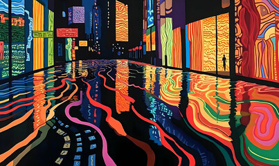 Obraz premium Vibrant urban landscape at night with colorful reflections in water and abstract illuminated buildings