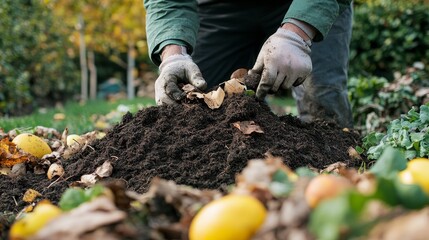 Fototapeta premium Gardener Creating a Compost Pile Show a gardener starting a compost pile in the corner of their garden. Layers of organic waste, such as leaves, fruit scraps, and soil, are stacked neatly. 