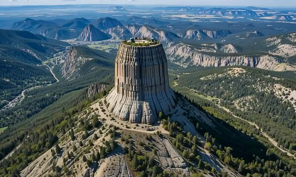 Aerial view of Devils Tower National Monument in the United States. 4k video