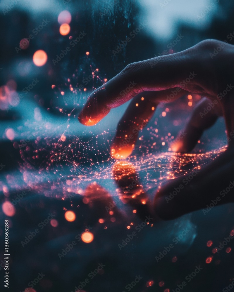 Poster Quantum Creativity Dynamic Particle Interaction of Human Touch - Immersive Digital Transformation Visualizing Technological Innovation and Neural Network Connectivity