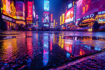Vibrant urban night scene in Times Square with colorful reflections on wet pavement