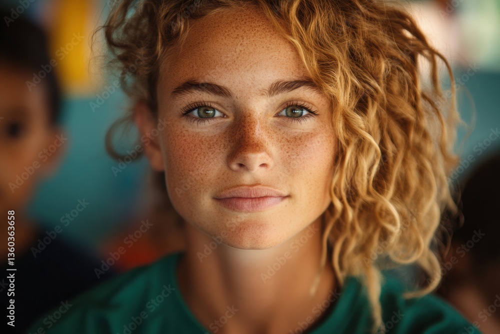 Aufkleber Empowered Gen Z Learning Inclusive Classroom Authenticity with Dynamic Curly-Haired Student in Vibrant Educational Mindfulness Setting