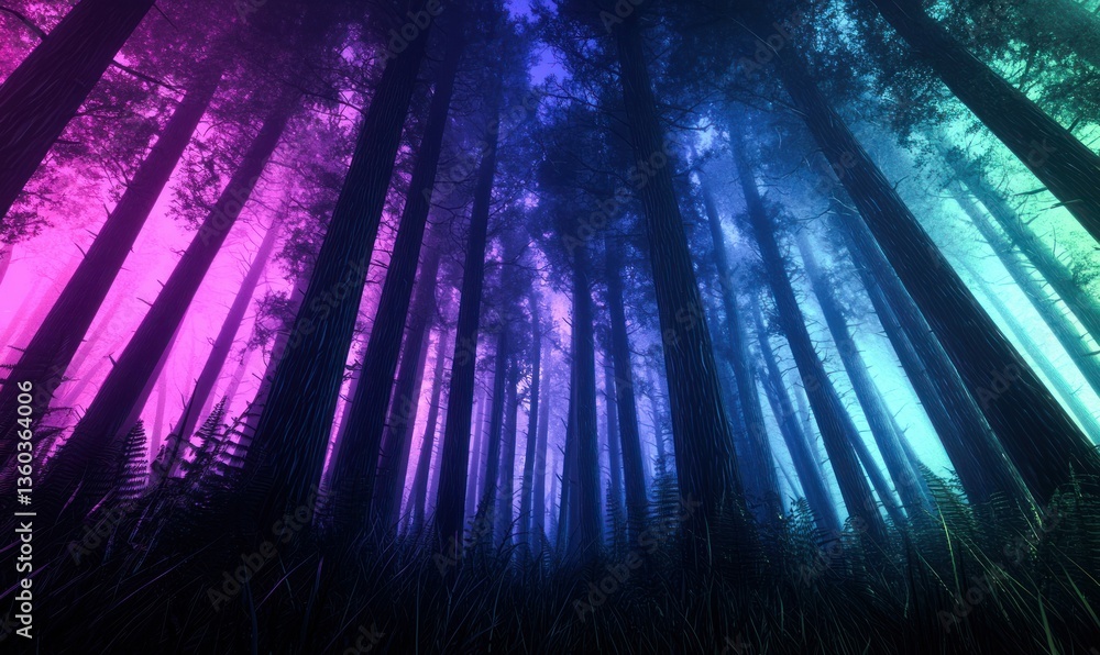 Poster enchanting forest scene with towering trees bathed in vibrant neon colors, creating a surreal atmosp