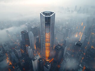 Plakat Skyscraper Dawn for Foggy Metropolis.