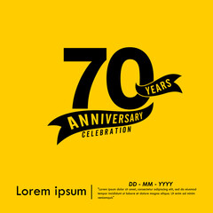 70th years anniversary celebration emblem. black logo isolated with ribbon on yellow background. vector illustration template design for web, flyers, poster, greeting card and invitation card	