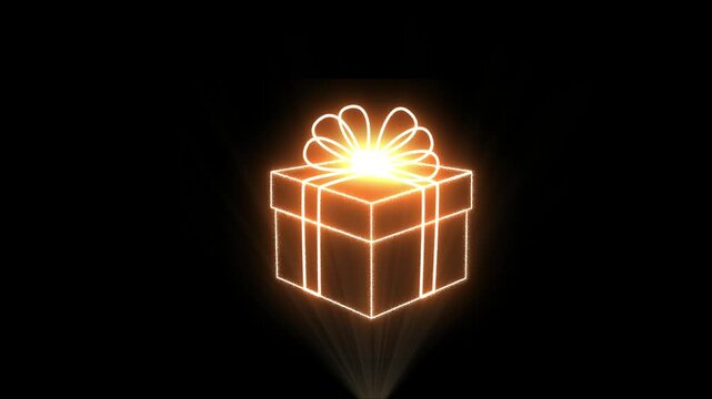 A golden neon gift box tied with a ribbon moves against a dark background. To make the background transparent, use the blend modes.