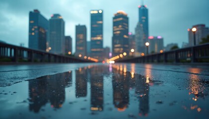 Urban skyline reflection in rain puddle at dusk with city lights. Downtown skyscrapers, wet street, mirrored architecture, illuminated buildings, creates moody atmosphere.