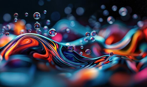 An abstract design showcases vibrant swirling colors with glossy bubbles floating above the liquid surface.