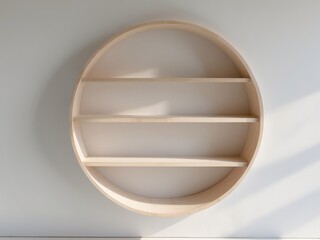 Wooden shelf attached to white wall is circular Empty minimal natural