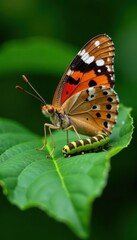 Obraz premium Close-up of a Tawny Rajah butterfly on a green leaf, caterpillar visible nearby, green, black