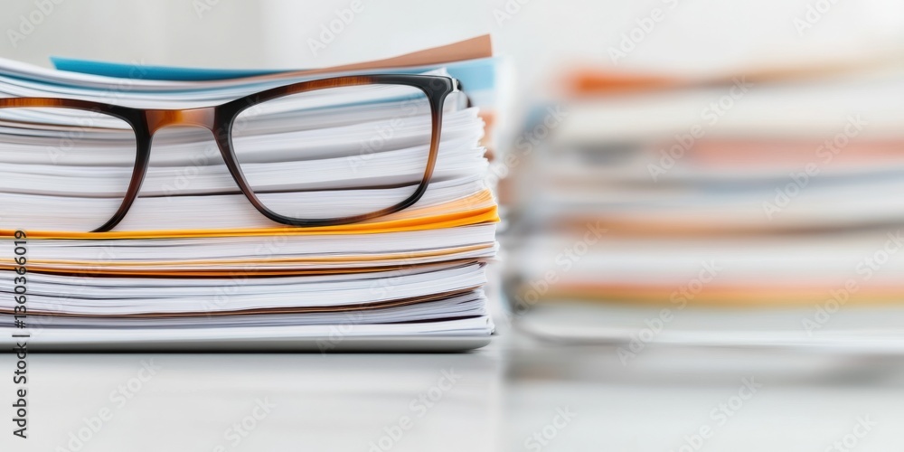 Poster Minimalist Productivity Workflow Sleek Eyewear on Organized Paper Stacks - Digital Transformation for Gen Z Professional Efficiency and Streamlined Workspace Design