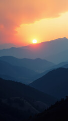 Obraz premium Watchful gaze over a mountain landscape at sunset with a hint of wildfire activity.