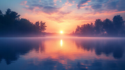 Fototapeta premium a sunrise over a calm lake,