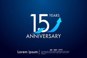 15th years anniversary celebration emblem. anniversary logo isolated with arrow growth up and blue ribbon on dark blue background. vector illustration template design