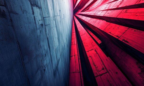 Striking architectural abstract featuring bold red beams contrasted against a deep blue concrete wall.