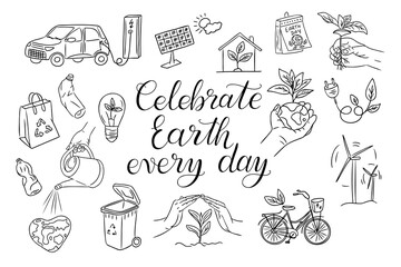Celebrate Earth Day text with eco-friendly doodles with sustainability symbols, recycling, renewable energy, in black and white hand-drawn style with elegant calligraphy. Vector line art illustration