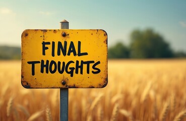 Yellow metal sign displays Final Thoughts message, conceptual symbol on blurry wheat field background. Idea of summary, conclusion, decision-making. Agriculture farmland, outdoor signpost, copy space.
