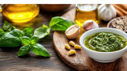 Pesto fresh made delight. Fresh basil pesto with garlic and pine nuts on a wooden surface.