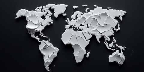 A broken white world map shows signs of fragmentation