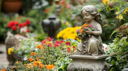 Obraz premium Person Decorating with Garden Statues Depict a person placing small garden statues or ornaments among flowers and plants. The whimsical decorations add charm to the garden, 