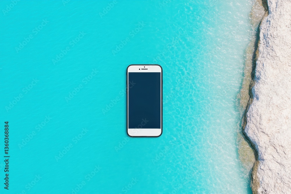 Poster Minimalist Tech Mockup Sleek Smartphone Prototype on Vibrant Aqua and Stone Backdrop - Digital Innovation and Creative Design Potential