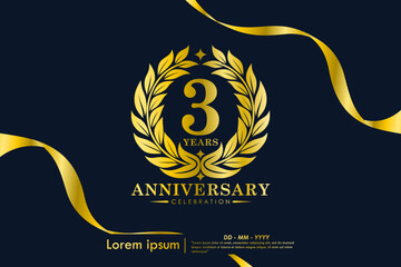 3rd years anniversary celebration emblem. elegant golden anniversary logo isolated with laurel wreath and ribbon on black background. vector illustration template design