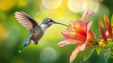 Fototapeta premium A Hummingbird Feeding on Nectar Capture a vibrant hummingbird hovering in front of a brightly colored flower, sipping nectar with its long beak. 