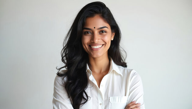 Indian woman in casual attire smiles. Confident, happy female with dark hair, bindi dot, white shirt posing on white background. Portrait of attractive, authentic person. Smiling, satisfied woman