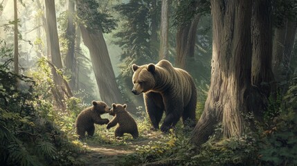 A Family of Bears in the Forest A mother bear and her cubs are foraging for food in a dense forest, surrounded by towering trees and lush foliage. 