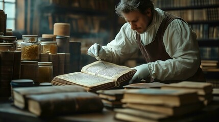 Ancient Book Restoration in a Sunlit Library – Meticulous Conservation of Historical Manuscripts. Generative AI.