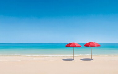Fototapeta premium Tranquil Beach Scene with Red Umbrellas and Ocean