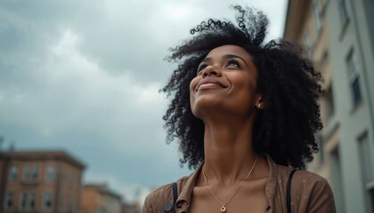 Young black woman looks up at sky with expression of hope, faith. Pensive expression, dream, contemplation, spirituality, trust. Positive thinking, peace, inner peace, belief. Outdoor, street photo.