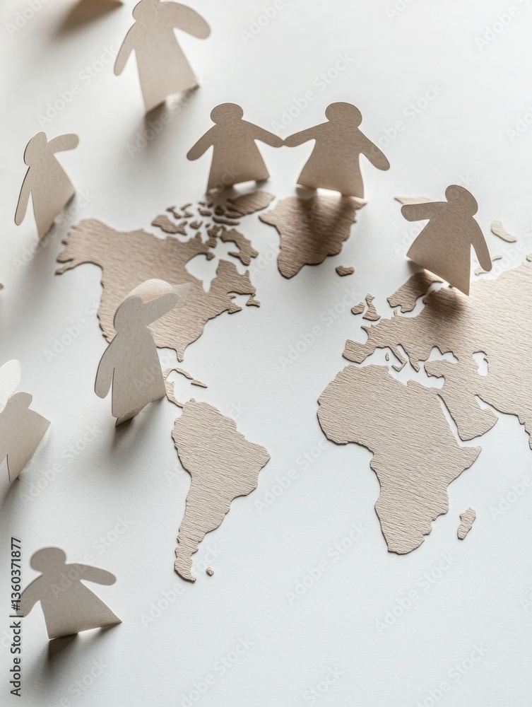 Aufkleber global unity visualization minimalist paper cutout figures on textured world map - innovative diplom