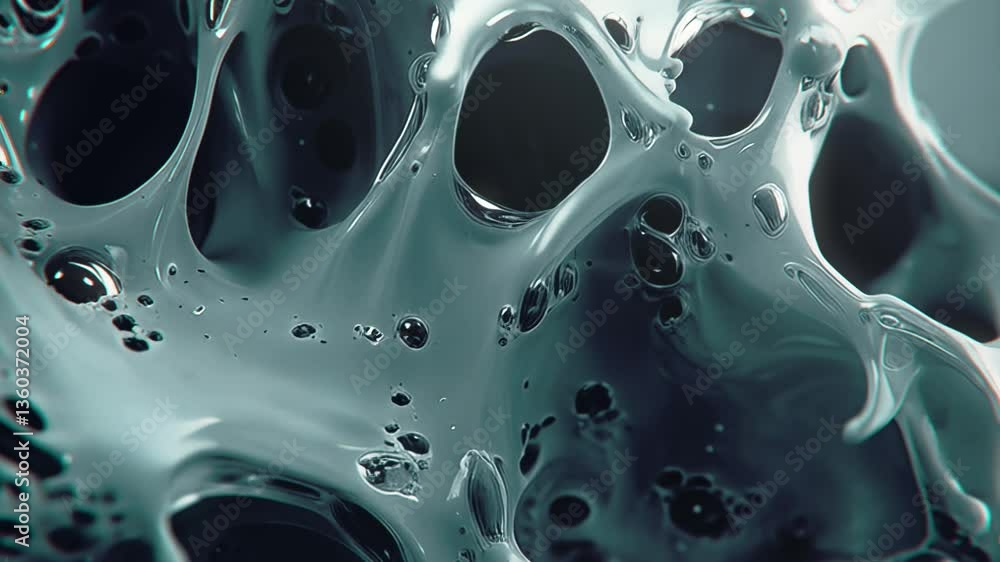 Fototapete Abstract animation with organic, smooth flowing, viscous liquid forms. The color palette is a deep gray-green with glossy highlights creating a wet effect. The style is futuristic and biomorphic