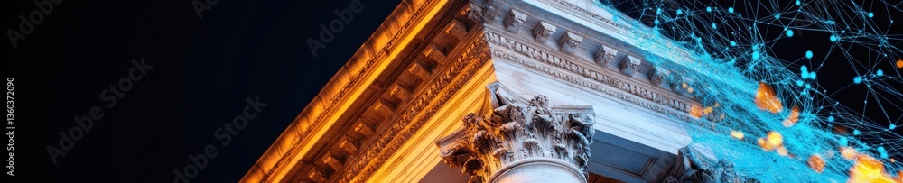 Poster Fintech Revolution Neoclassical Architecture Meets Digital Networks - Transformative Banking Innovation Visualizing Technological Convergence in Financial Ecosystems