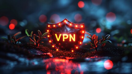 Bright red VPN shield glowing amidst dark foliage representing internet security and online protection measures