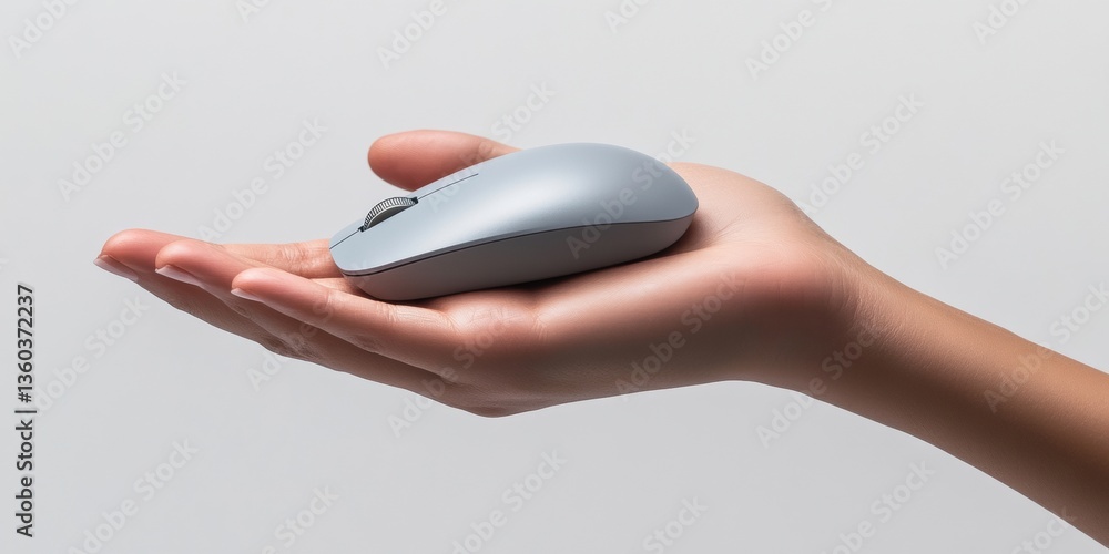 Poster Minimalist WFH Tech Showcase Sleek Wireless Mouse in Ergonomic Palm Presentation - Digital Workspace Innovation for Millennial Professionals