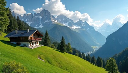 Swiss chalet nestled on green hillside, scenic view of mountains. Traditional wooden house with blooming flowers. Summer vacation, travel destination in Swiss Alps. Beautiful european landscape.
