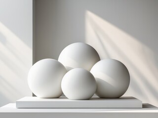 Fototapeta premium Three white round objects surface are arranged triangular minimal podium display